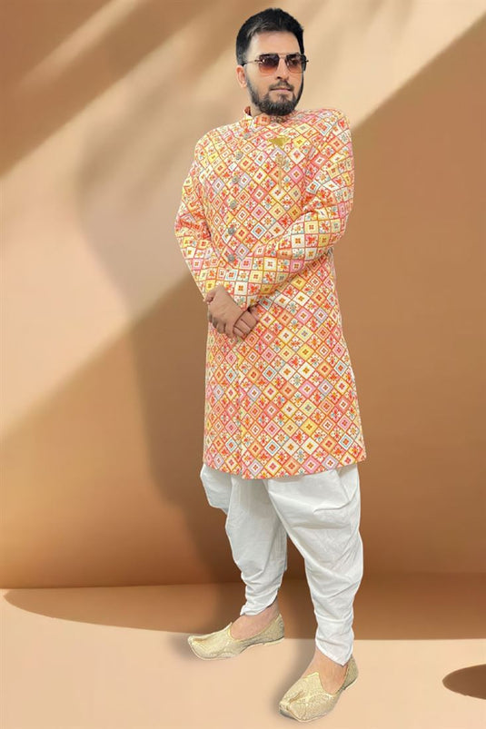 Dusky Orange Color Silk Fabric Peshawari Style Indo Western Set