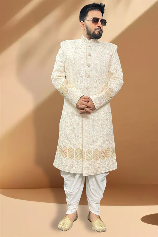 Vivacious Silk Fabric Peshawari Style Indo Western Set In Cream Color