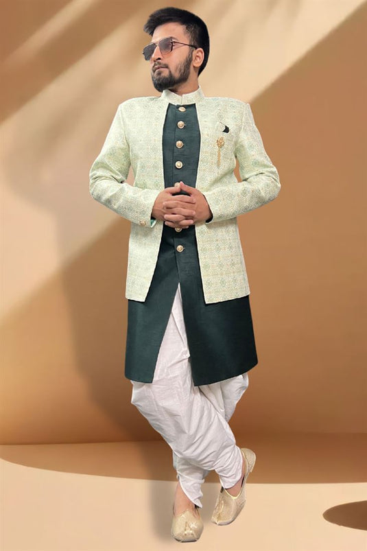 Fascinate Silk Fabric Peshawari Style Indo Western Set In Dark Green Color
