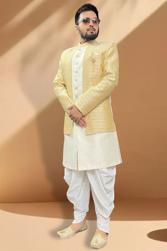 Remarkable Cream Color Silk Fabric Peshawari Style Indo Western Set