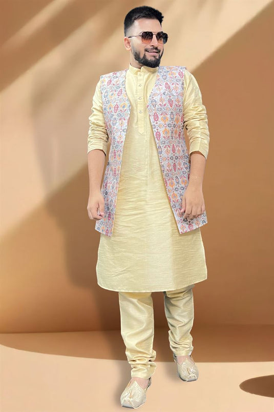 Appealing Silk Fabric Function Wear Cream Kurta Pyjama With Grey Color Jacket