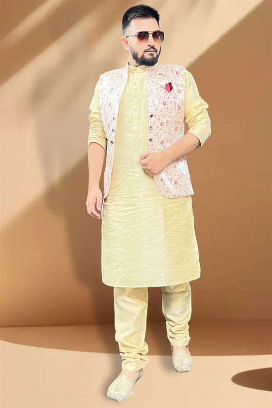 Engaging Function Wear Silk Fabric Cream Kurta Pyjama With Cream Color Jacket