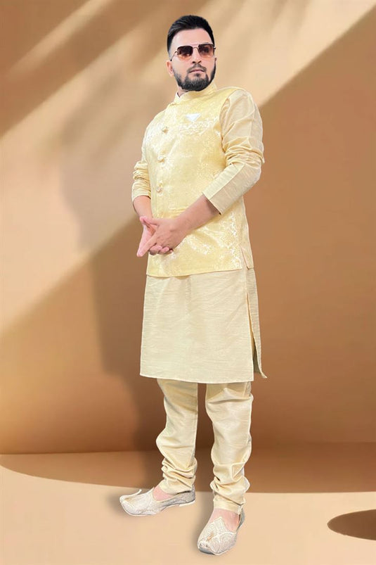 Enriching Function Wear Silk Fabric Cream Kurta Pyjama With Yellow Color Jacket