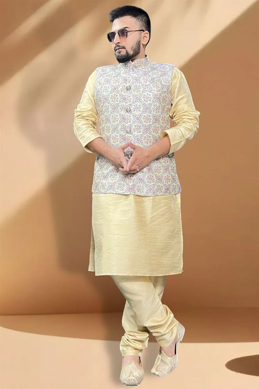 Jacquard Cream and Violet Woven Kurta Payjama With Jacket -