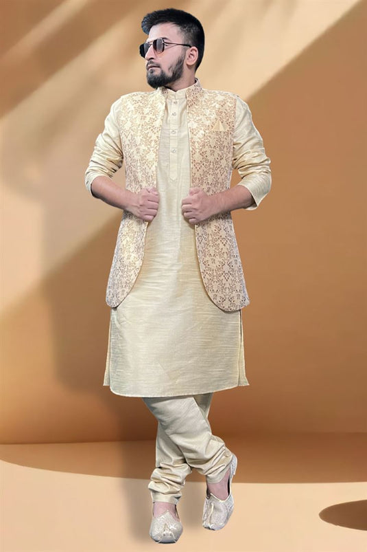 Silk Fabric Cream Kurta Pyjama With Engaging Golden Color Jacket In Function Wear
