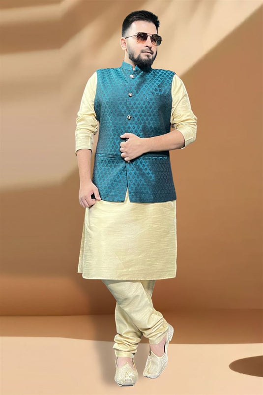 Silk Fabric Function Wear Cream Kurta Pyjama With Enriching Teal Color Jacket