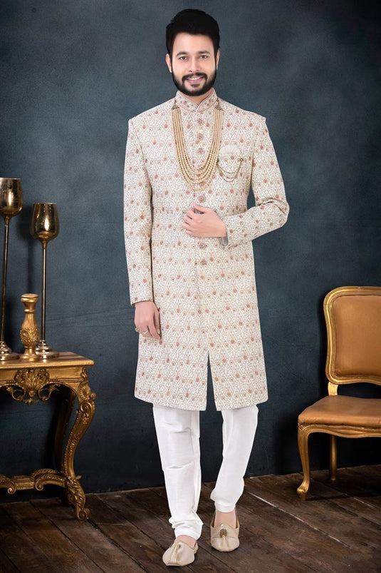 Appealing Cream Color Silk Fabric Indo Western