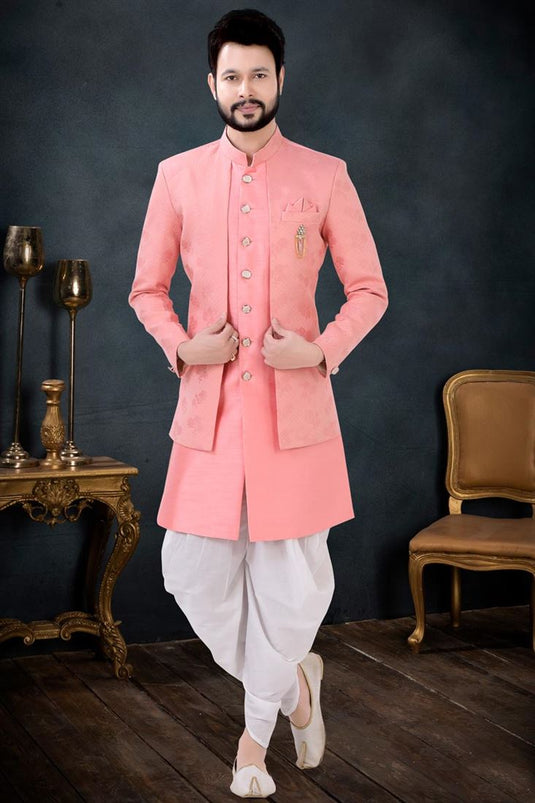 Majestic Pink Color Silk Fabric Dhoti Kurta Jacket Set