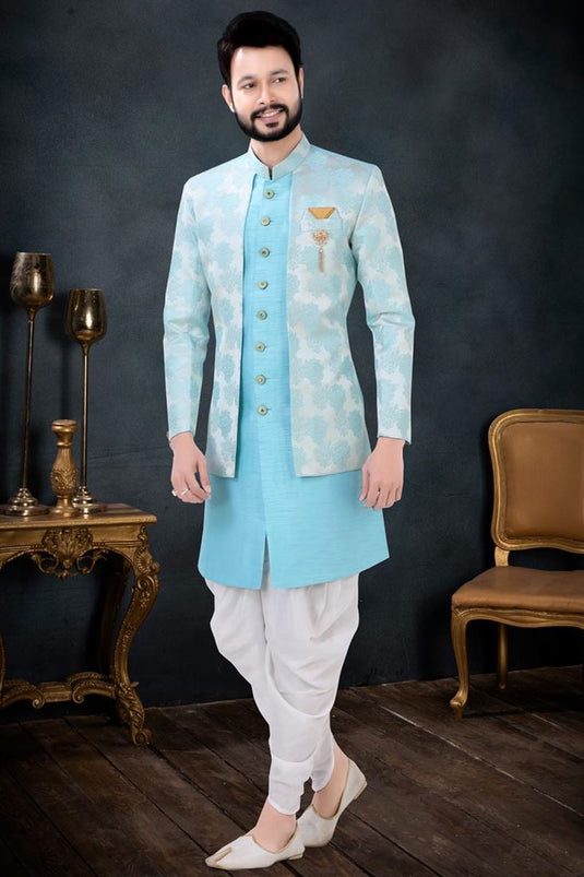 Sober Silk Fabric Dhoti Kurta Jacket Set In Cyan Color