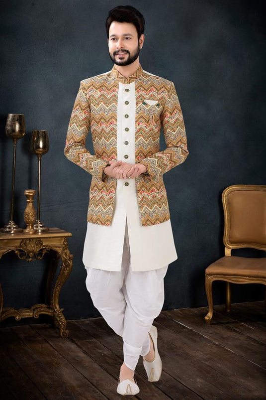 Trendy Textured Cream Color Silk Fabric Dhoti Kurta Jacket Set