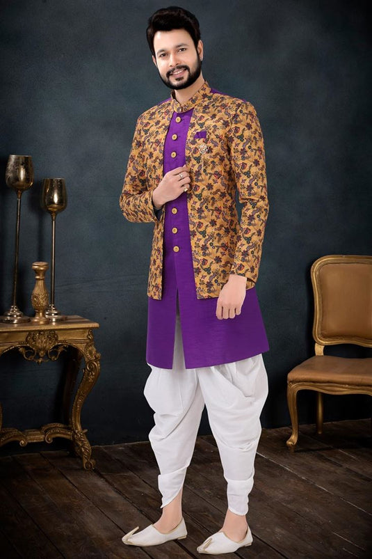Intriguing Purple Color Dhoti Kurta Jacket Set In Silk Fabric