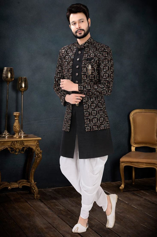 Black Color Provocative Dhoti Kurta Jacket Set In Silk Fabric