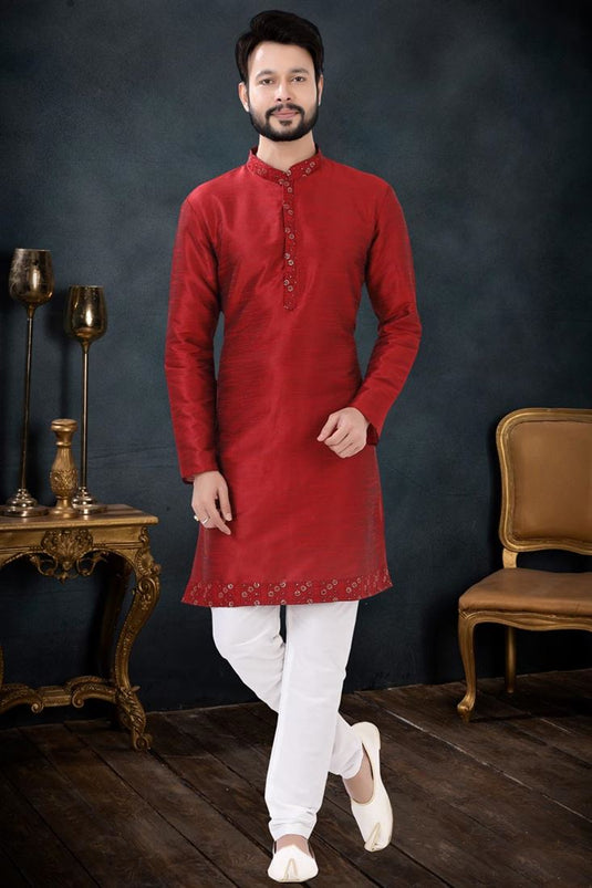 Silk Fabric Bewitching Kurta Pyjama In Red Color