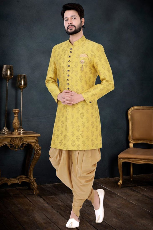 Beguiling Yellow Color Jacquard Fabric Indo Western