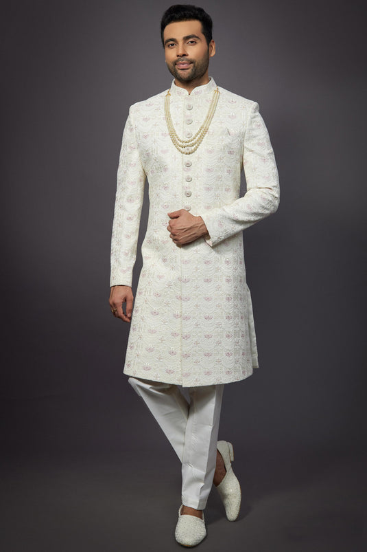 Off White Color Wedding Wear Silk Fabric Designer Readymade Indo Western For Men