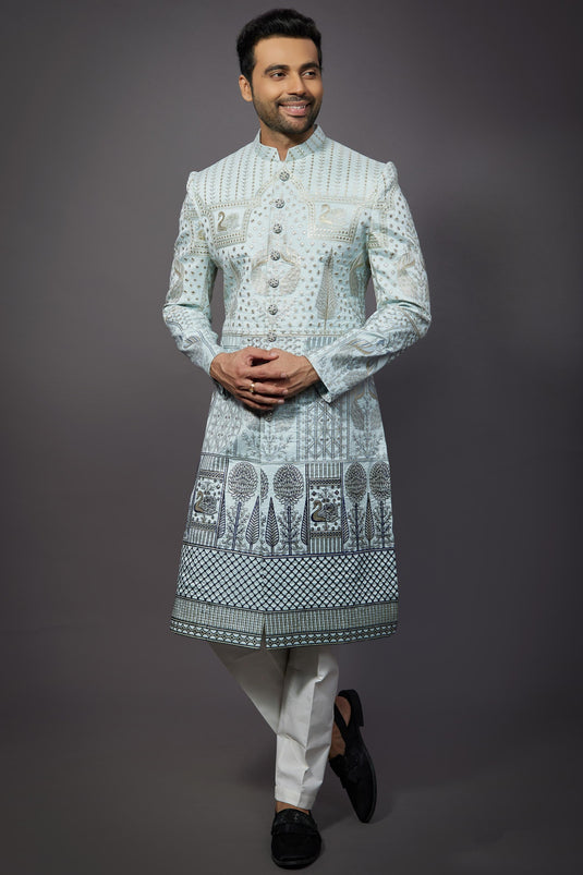 Wedding Wear Silk Fabric Designer Readymade Indo Western For Men In Light Cyan Color