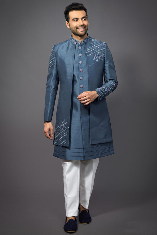 Blue Color Wedding Wear Silk Fabric Designer Readymade Indo Western For Men