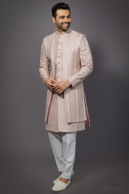 Silk Fabric Peach Color Wedding Wear Readymade Men Stylish Indo Western