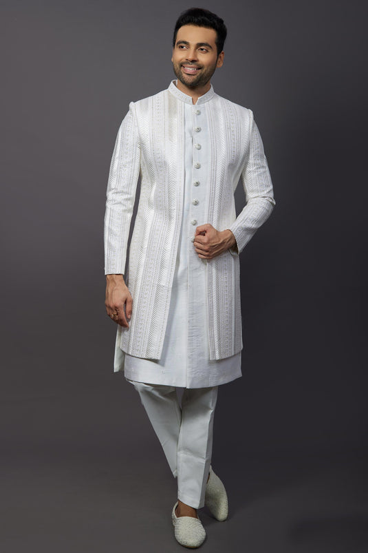 Off White Silk Fabric Wedding Wear Trendy Readymade Indo Western For Men