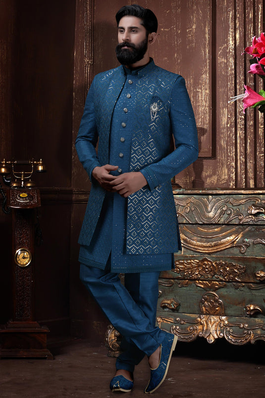 Silk Blue Color Wedding Wear Readymade Designer Men Indo Western