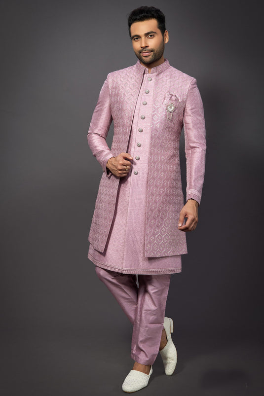 Pink Gorgeous Silk Fabric Wedding Wear Readymade Indo Western For Men