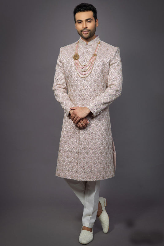 Silk Stunning Light Pink Color Wedding Wear Readymade Men Indo Western