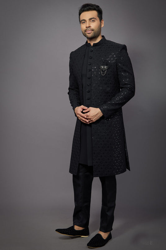 Silk Wedding Wear Attractive Readymade Men Indo Western In Black Color