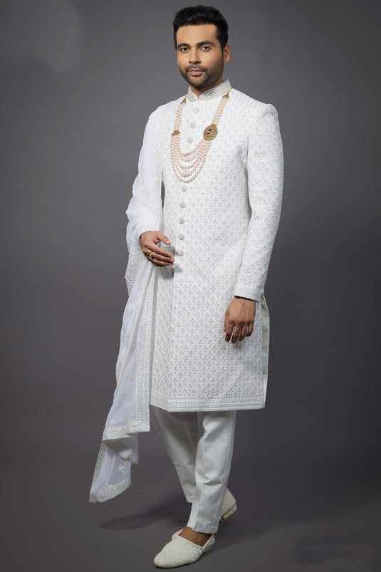 White Wedding Wear Readymade Glamorous Groom Sherwani For Men In Silk Fabric