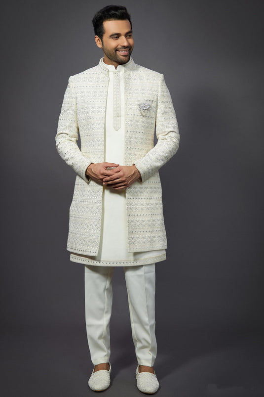 White Silk Fabric Magnificent Readymade Men Indo Western For Wedding Wear