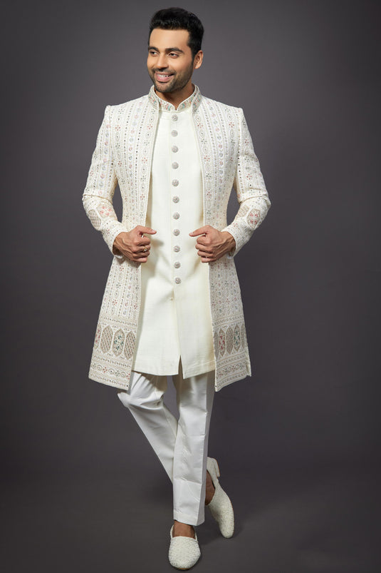 Beige Color Silk Fabric Wedding Wear Designer Readymade Indo Western For Men