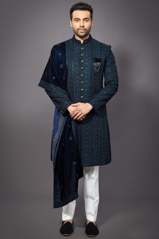 Silk Fabric Teal Color Wedding Wear Designer Readymade Groom Sherwani For Men