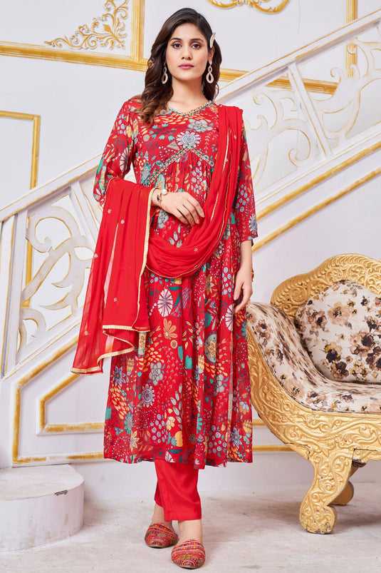 Chinon Fabric Fancy Printed Readymade Anarkali Salwar Kameez In Red Color