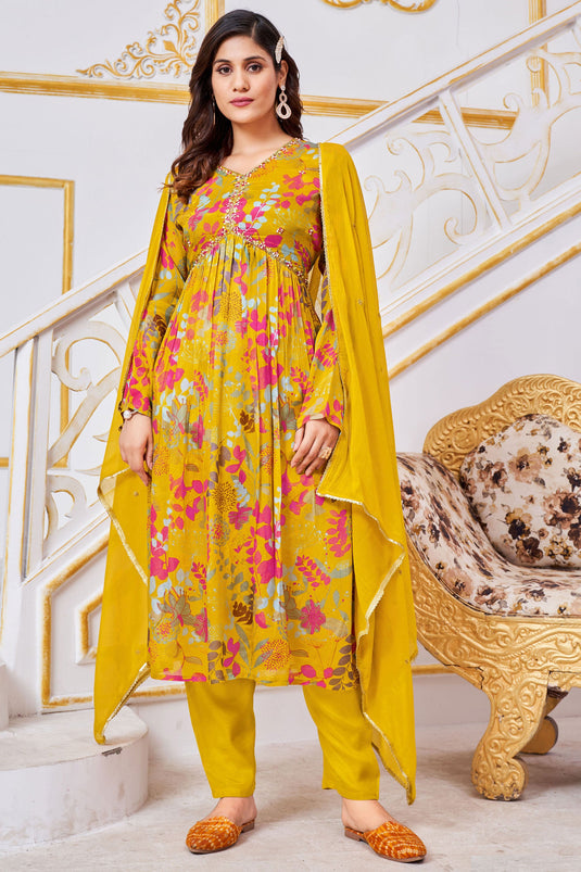Yellow Color Printed Readymade Anarkali Salwar Suit In Chinon Fabric
