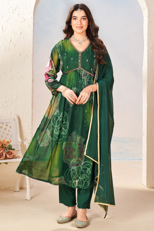 Green Color Chinon Fabric Fancy Printed Readymade Anarkali Salwar Kameez