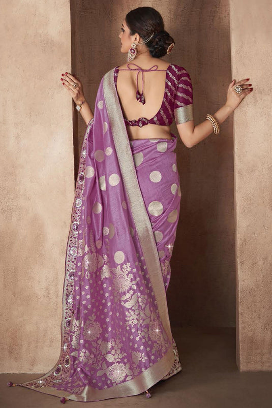 Silk Fabric Weaving Work Lavender Color Saree With Designer Blouse