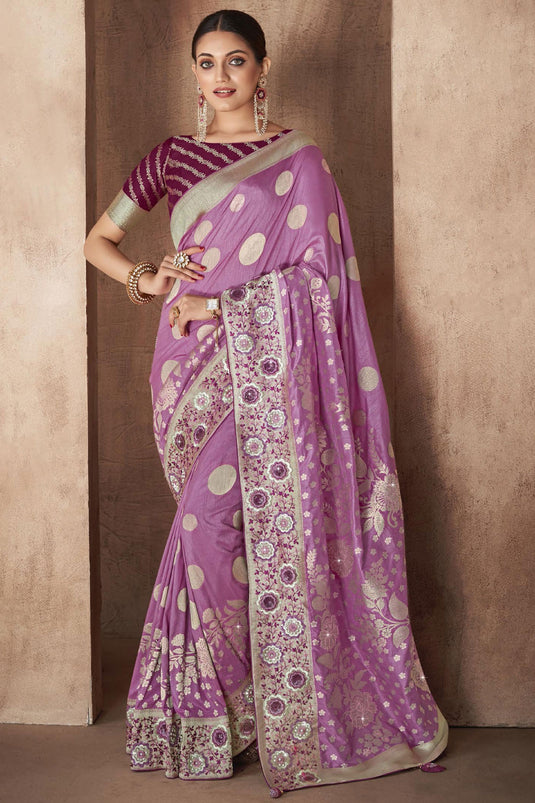 Silk Fabric Weaving Work Lavender Color Saree With Designer Blouse