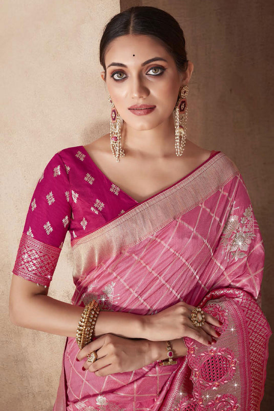 Dazzling Pink Color Satin Crepe Saree With Contrast Blouse