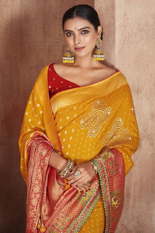 Weaving Work Orange Color Silk Fabric Saree With Designer Blouse