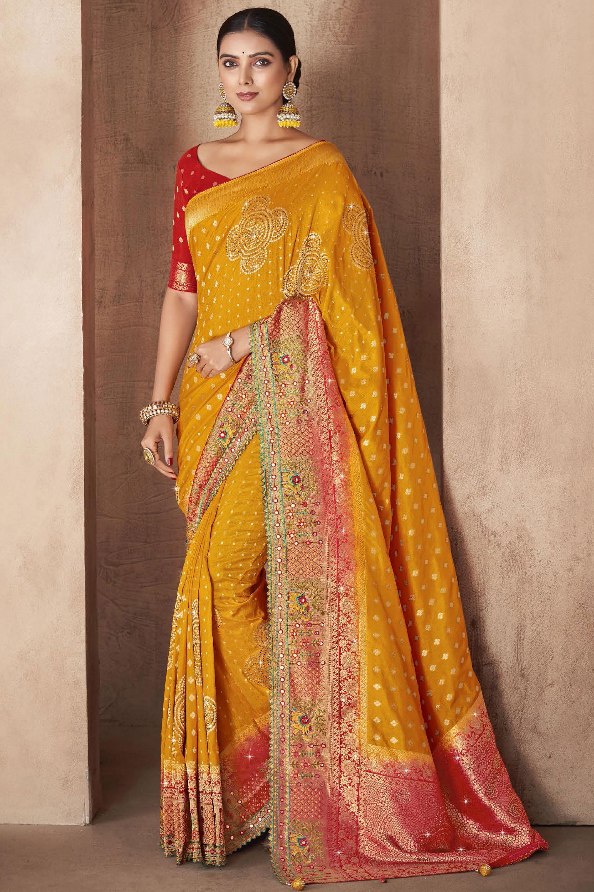 Thread Work Embroidered Banarasi Silk Turmeric Yellow Saree SARV130711