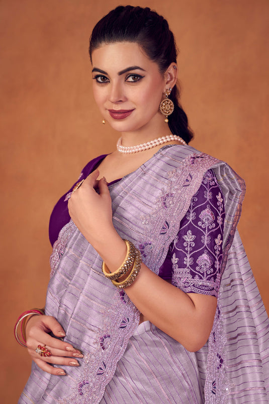 Lavender Color Embroidery Work Organza Fabric Saree