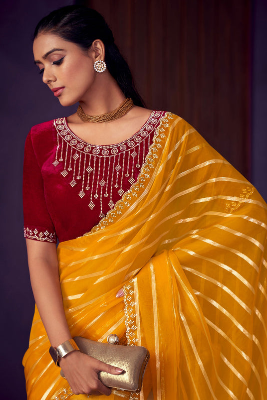 Mustard Color Stone Work Organza Fabric Party Wear Saree