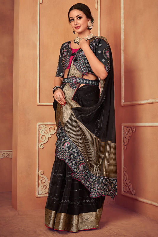 Black and Yellow Georgette Saree with Badla Work|Desically Ethnic