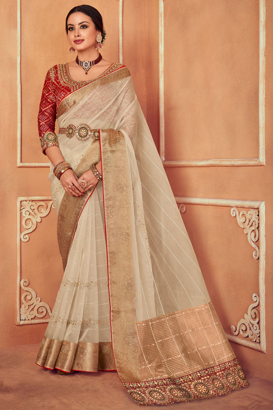 Georgette Beige Embroidered Saree With Blouse at Rs 1180 in Delhi | ID:  14155433362