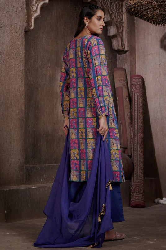 Exclusive Blue Color Viscose Crepe Fabric Readymade Kurta With Palazzo Set