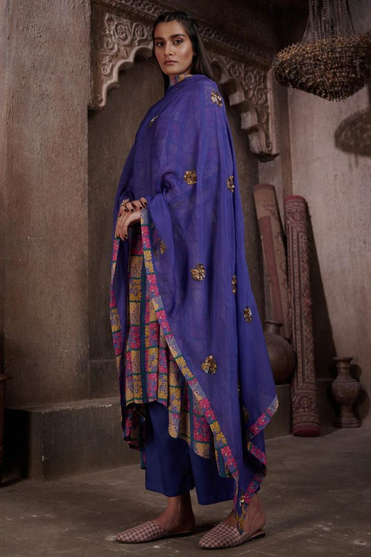 Exclusive Blue Color Viscose Crepe Fabric Hand Embroidered Function Wear Readymade Palazzo Set