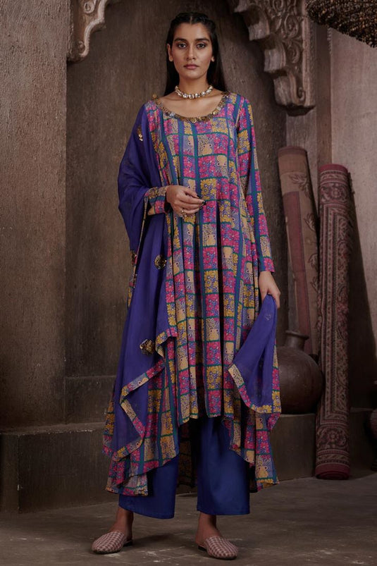 Exclusive Blue Color Viscose Crepe Fabric Hand Embroidered Function Wear Readymade Palazzo Set