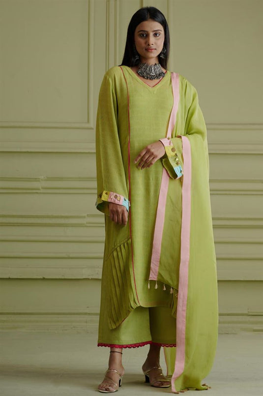 Exclusive Green Color Georgette And Net Fabric Hand Embroidered Gorgeous Readymade Kurta Palazzo Set