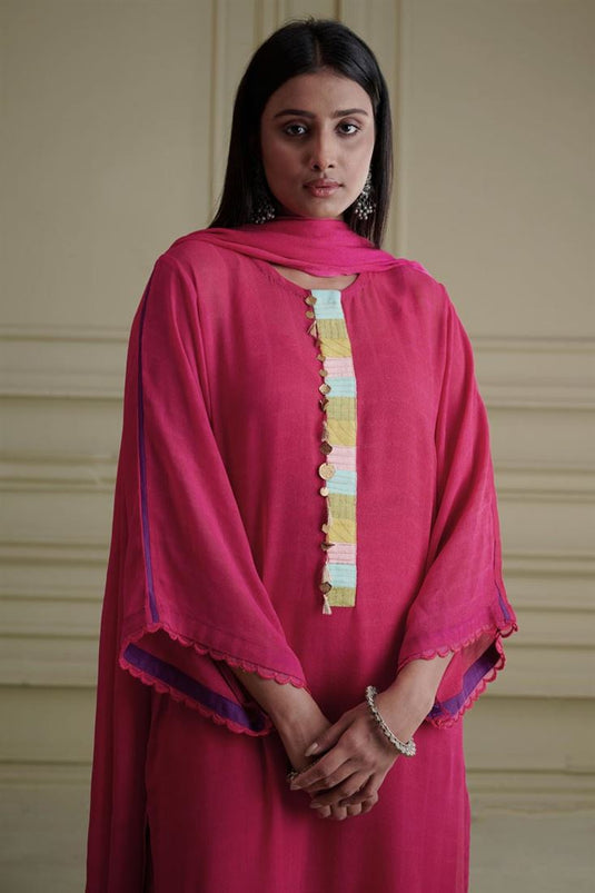 Exclusive Pink Color Georgette And Net Fabric Hand Embroidered Striking Readymade Kurta Palazzo Set