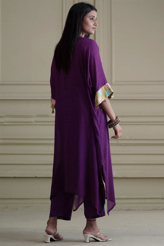 Exclusive Purple Color Georgette And Net Fabric Hand Embroidered Lovely Readymade Kaftaan Set