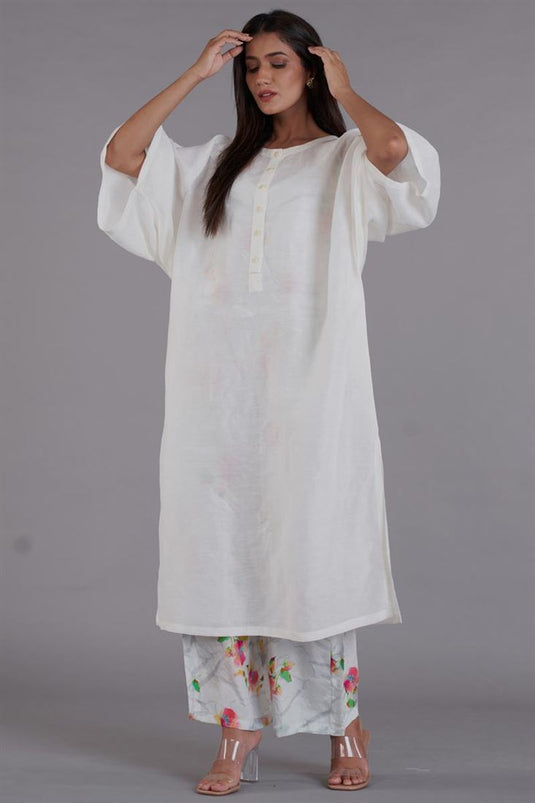 Exclusive White Color Linen Fabric Readymade Kurti With Palazzo